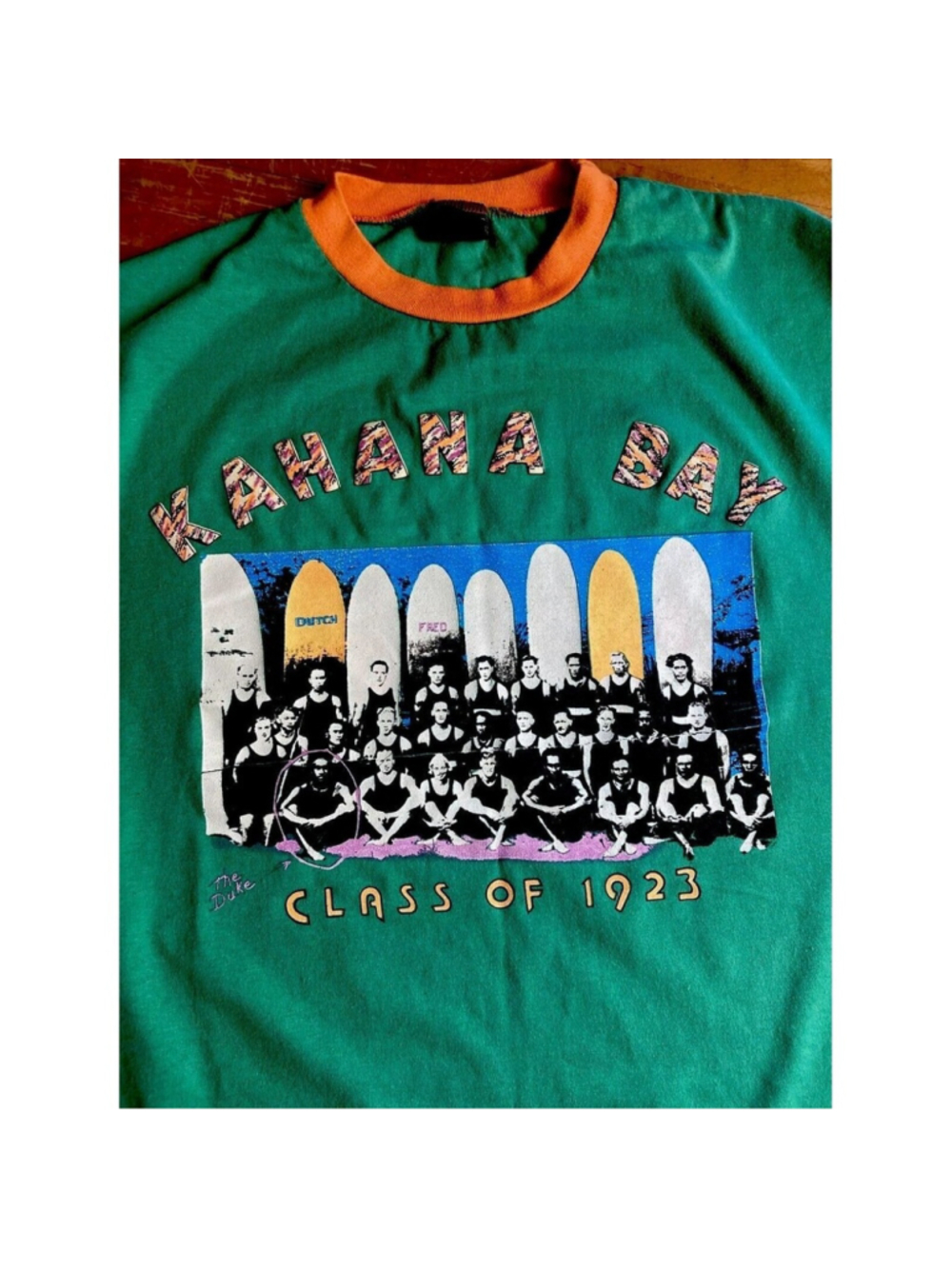 Vintage 90s Next Wave Surfing Kahana Bay Class 1923 Duke Shirt USA Surf *Stains